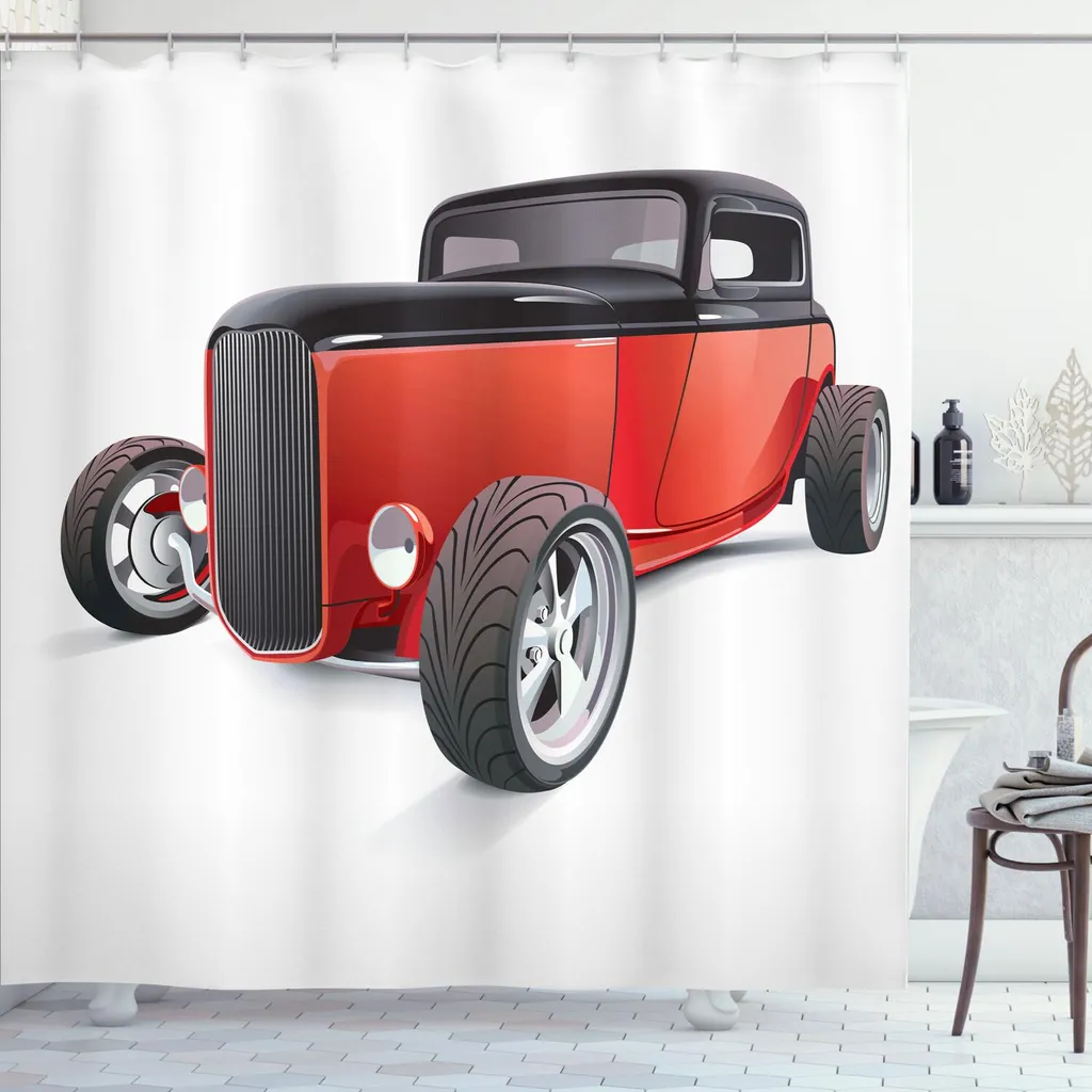 ABAKUHAUS Tenda da doccia con auto, "Nostalgia Red Hot Rod Cultura americana Retro Revival Classics Auto da collezione", 175 x 200 cm, rosso nero bianco