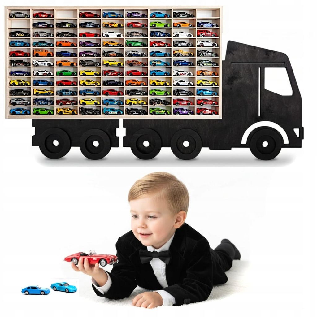 Modellauto-Regal für 80 Autos 1:64 – Wandregal & Setzkasten für Spielzeugautos, Lkw-Motiv, Schwarz, Birken-Sperrholz – mit Modellautos an der Wand