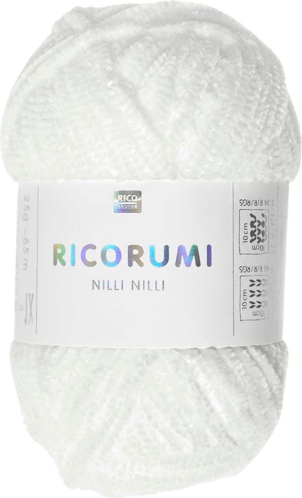 A ball of white chenille yarn with a label.