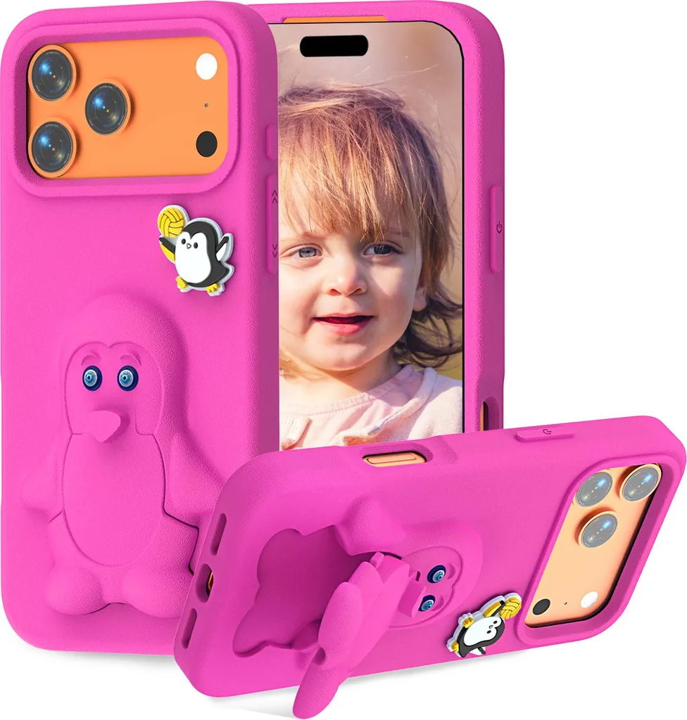Custodia per bambini in EVA per iPhone 17 Pro Max, morbida custodia protettiva antiurto con supporto per pinguini Rosa
