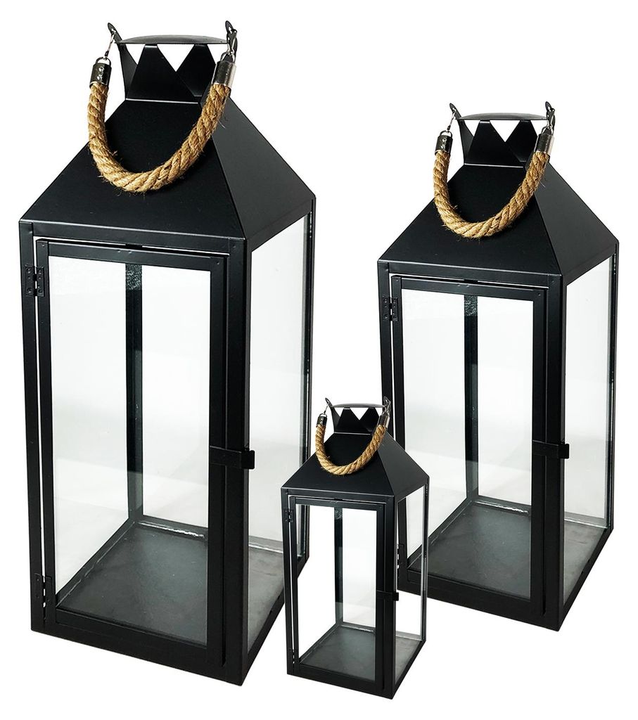 3er Laternen mit Seilgriffen Set Schwarz 25/40/51cm Produktbild 