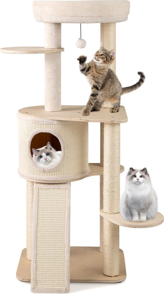 COSTWAY 143cm Kratzbaum Holz, Katzenbaum mit Kratztonne, Sisal-Kratzsäulen, Plattform, Sisalbrett, Spielball&Leiter, Katzenkratzbaum Kletterbaum N...