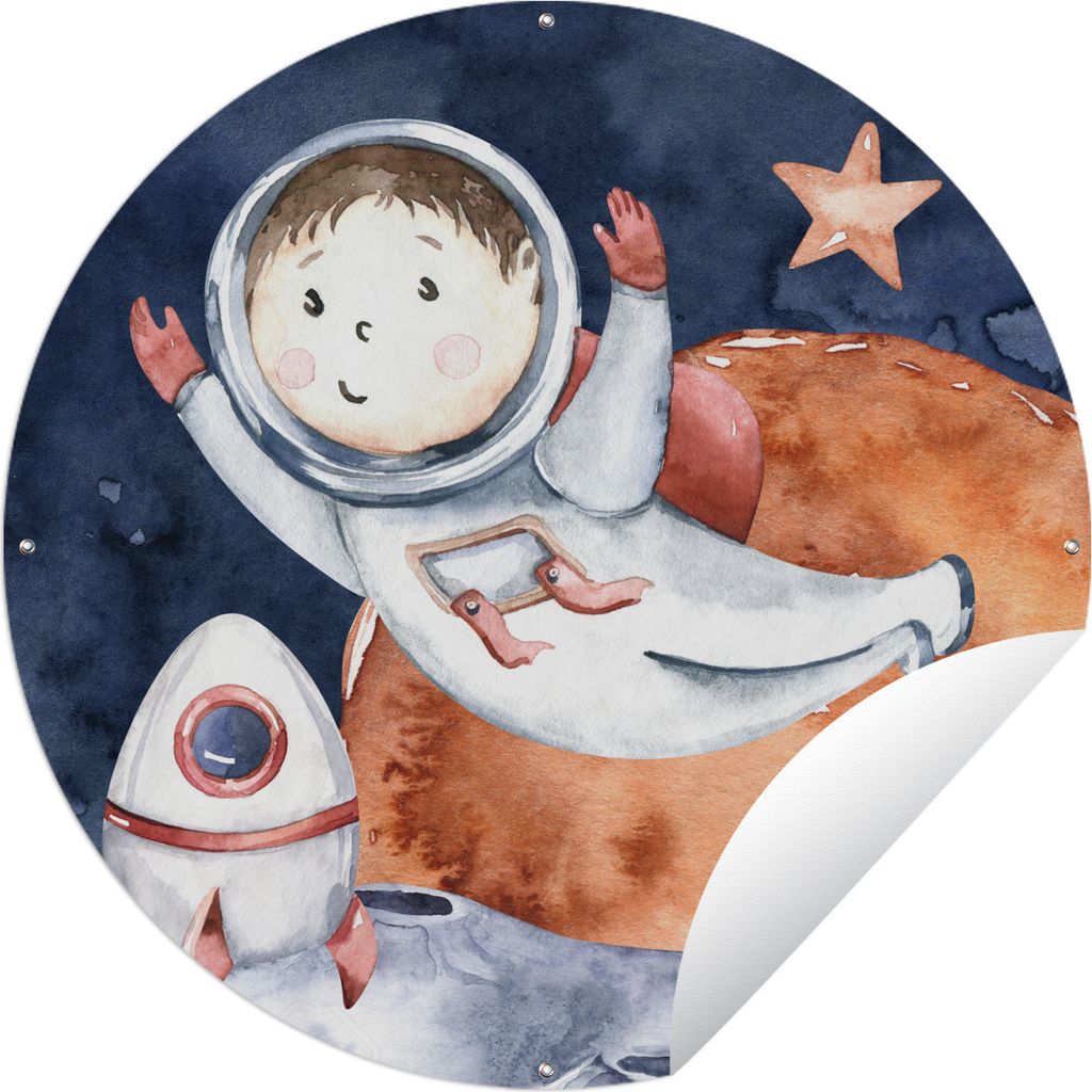 MuchoWow Gartenposter Outdoor-Poster Rund Weltraum - Mond - Rakete - Jungen - Mädchen - Kinder Ø 60 cm Gartendeko Rundes Poster draußen