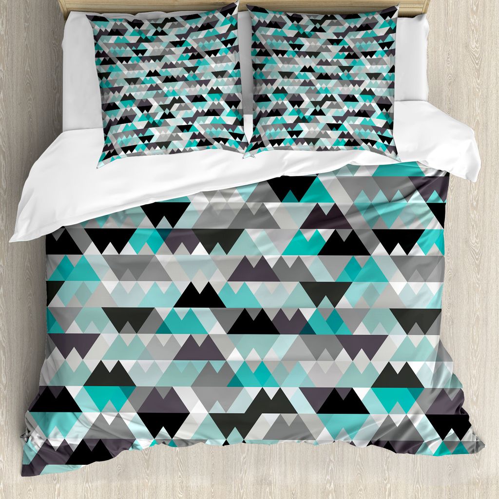 ABAKUHAUS Grau und Türkis Bettbezug, Zig Zag-Mosaik, Milbensicher Allergiker geeignet mit Kissenbezügen, 155 cm x 220 cm - 80 x 80 cm, Türkis Gr...