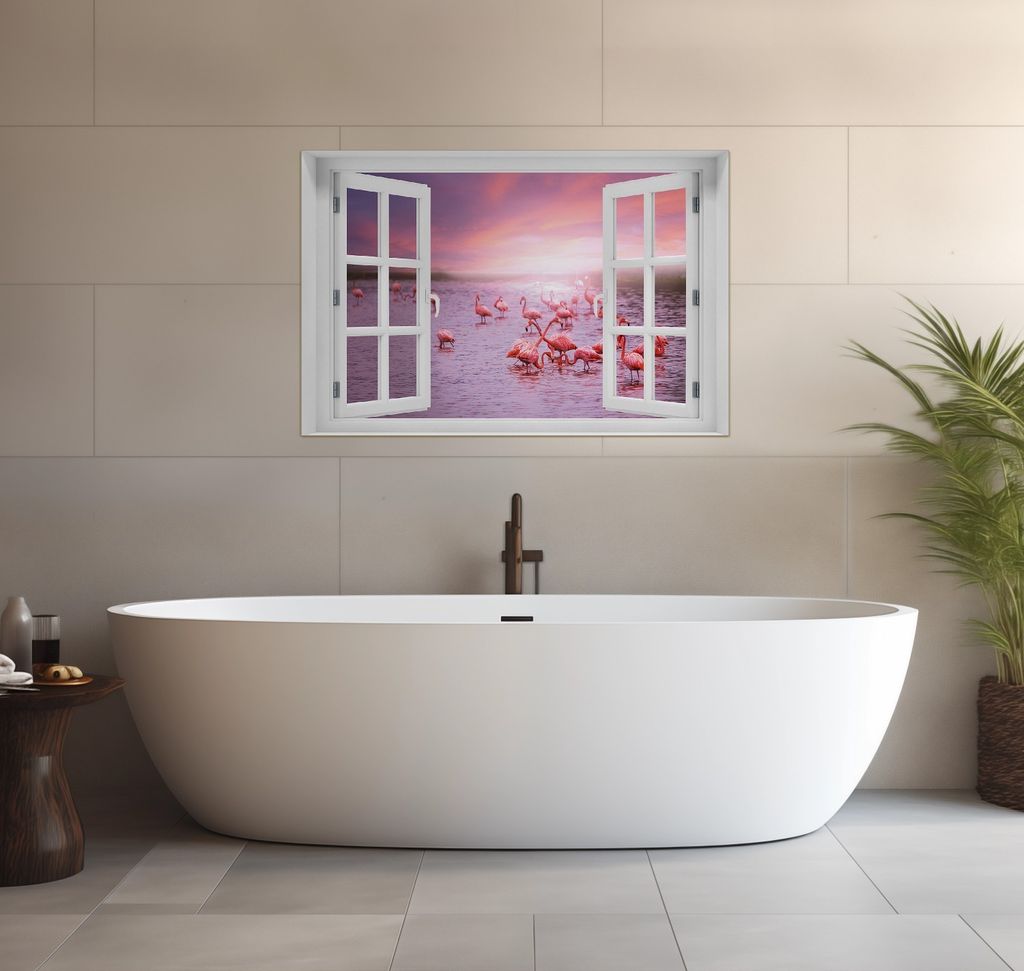 Wallario wasserfestes Poster selbstklebend 91,50 x 61 cm, Rosa Flamingos bei Sonnenuntergang, Badezimmerposter Spritzschutz mit Hochglanzoberfläch...