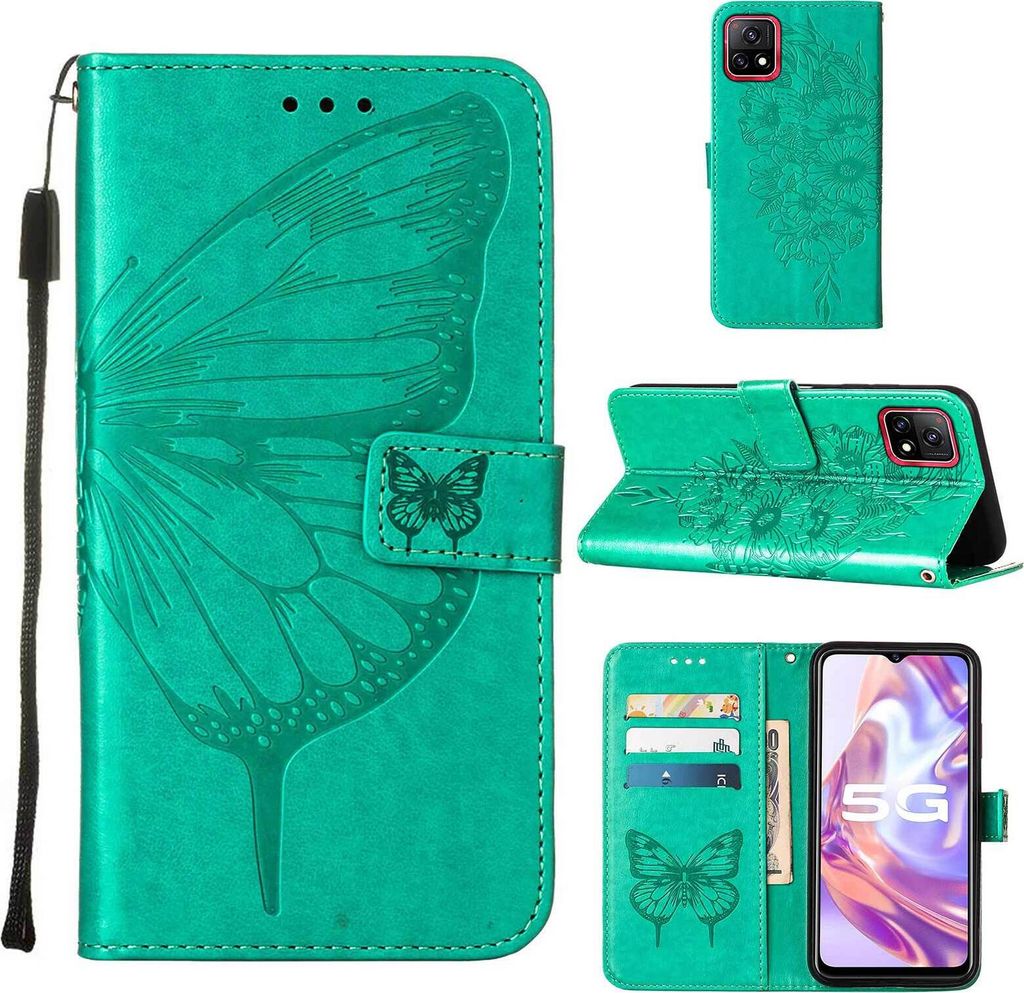 VIVO Y31S 5G Hülle, Schmetterling Prägung Flip Leder Kartenfächer Schutzhülle Ledertasche mit Ständer für VIVO Y31S 5G Grün