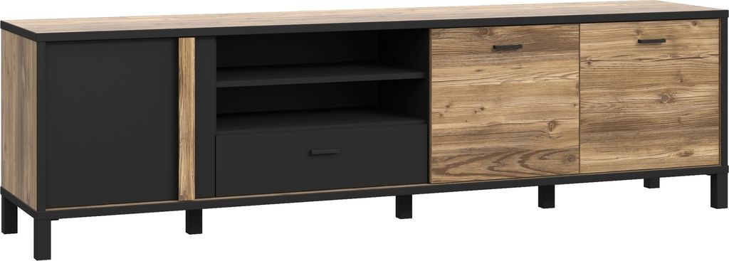 Lowboard >HAYATO< 1 Schub, 3 Türen, Alpenfichte Nachbildung/ Schwarz - 199,2x56,4x42cm (BxHxT)