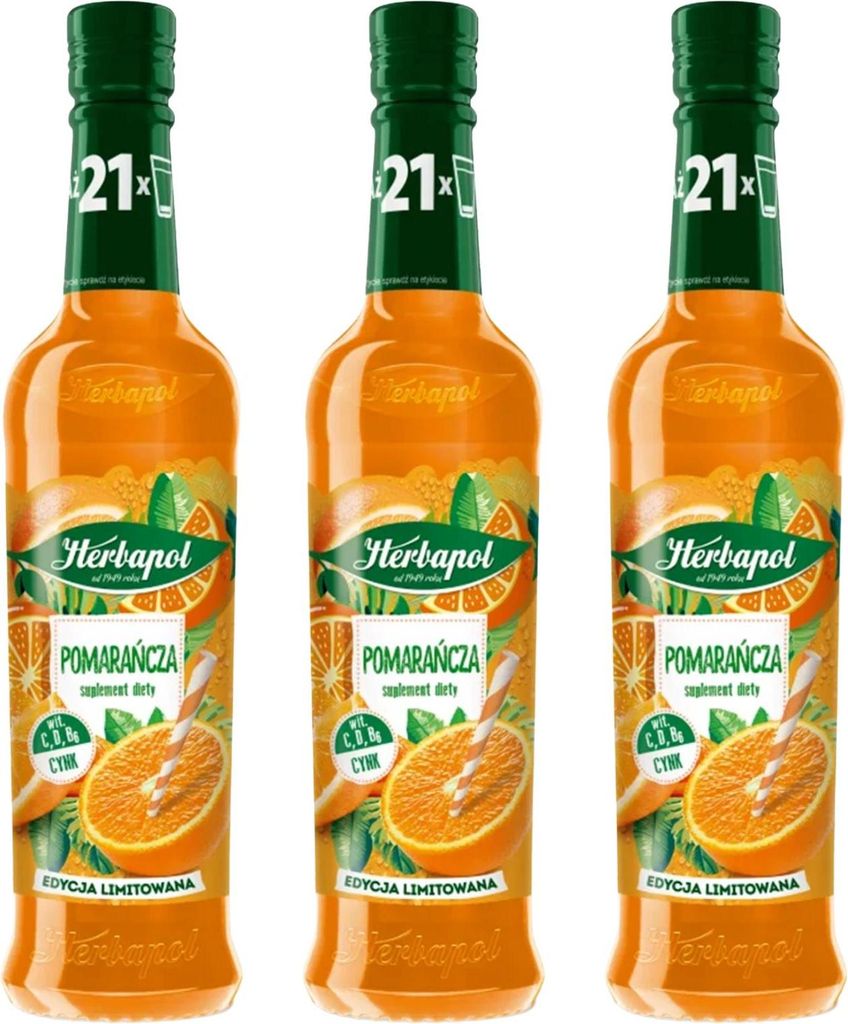 Herbapol Orange Sirup 3x 420ml - Getränkesirup für Wasser Fruchtsirup Vitamin C