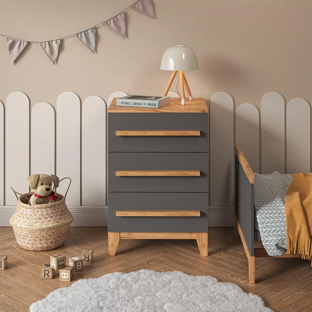 Petit Buffet de Rangement Malia Gris et Bois Artisan avec 3 Tiroirs
