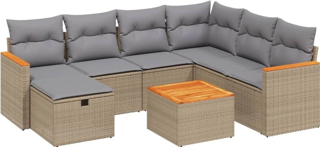 vidaXL 8-tlg. Garten-Sofagarnitur mit Kissen Beige Poly Rattan