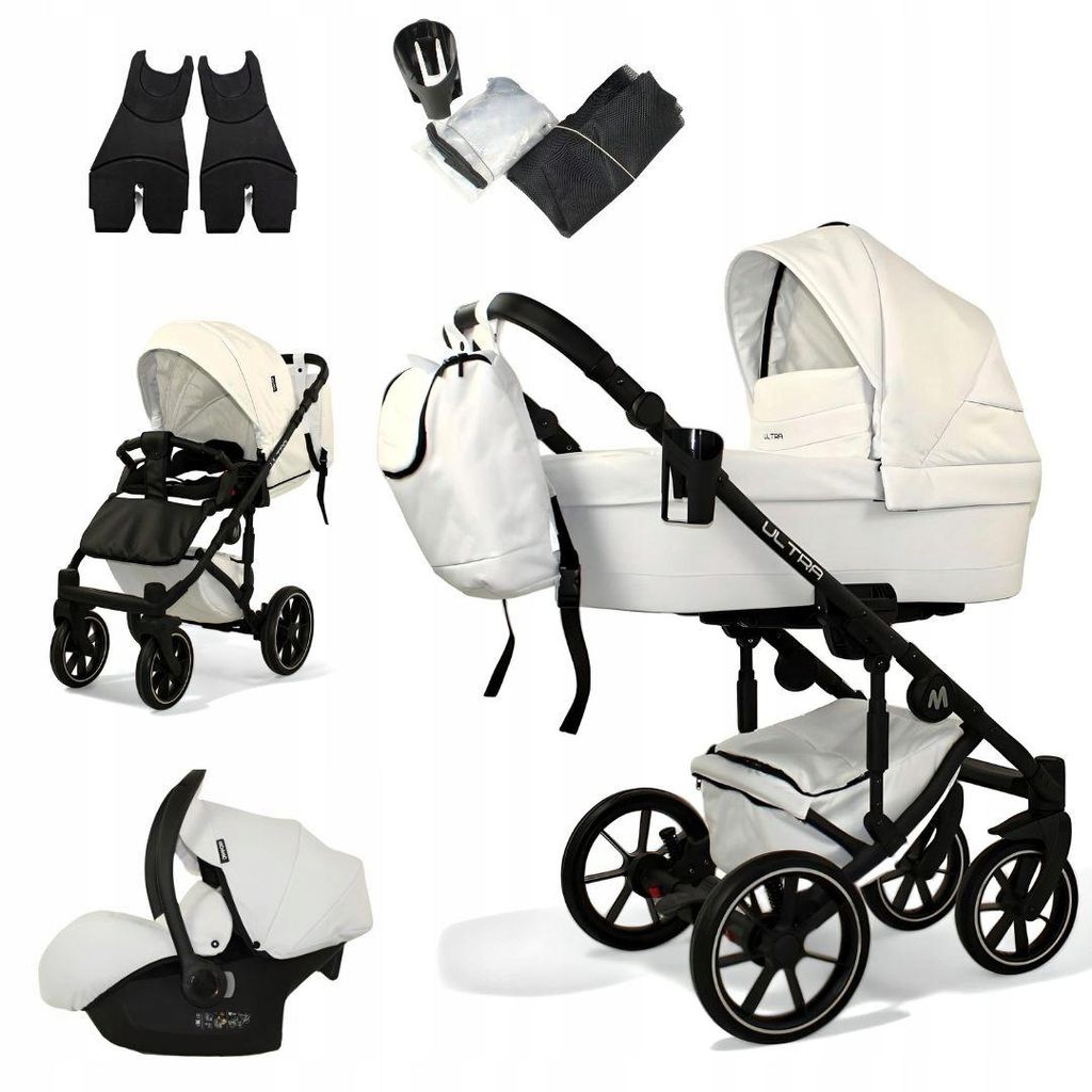 Mommo Ultra 3-in-1 Kombikinderwagen Weiß + Kunstleder mit Babyschale