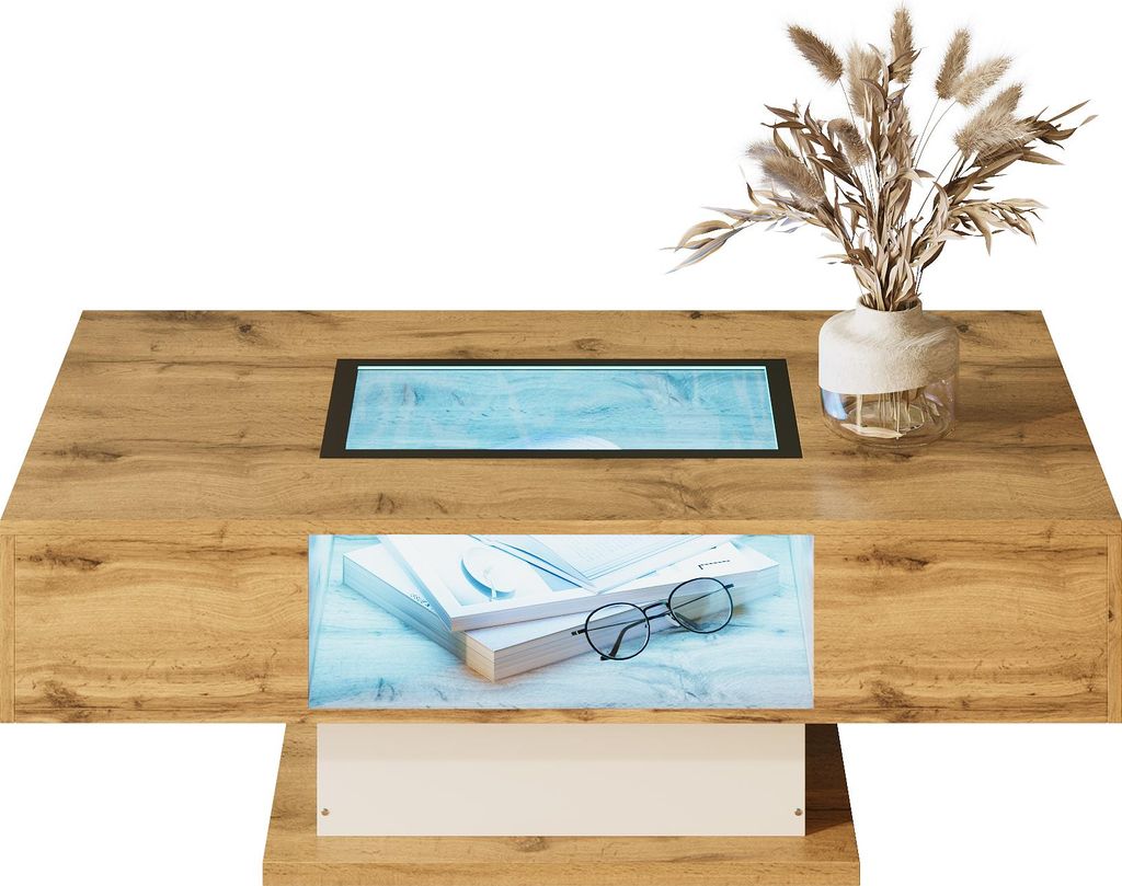 A modern wooden coffee table with a built-in LED light and decorative elements.