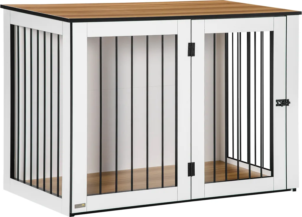 Niche d'intérieur pour grand chien - Meuble cage en acier chêne et blanc