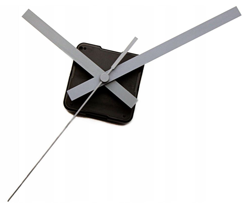 A close-up shot of a clock mechanism with gray hands against a white background.