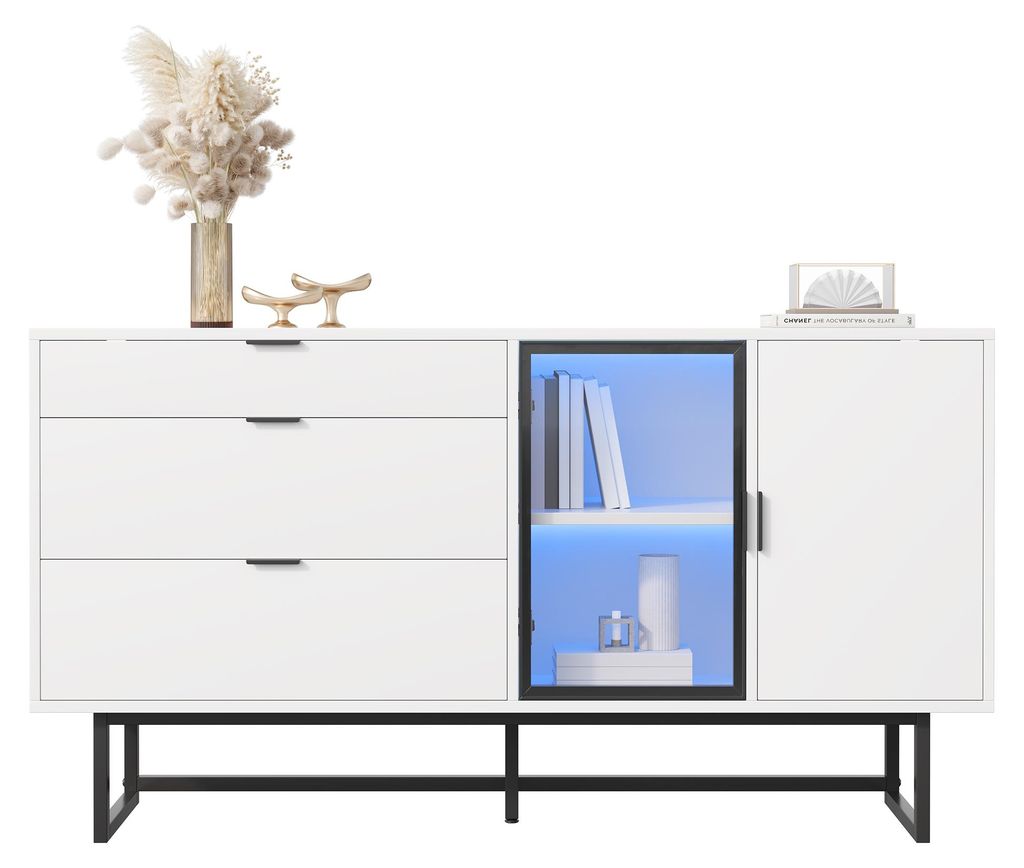 Sideboard 160 cm, Vitrine, 3 Schubladen, moderner Luxus, Weiß, 160x36x78 cm