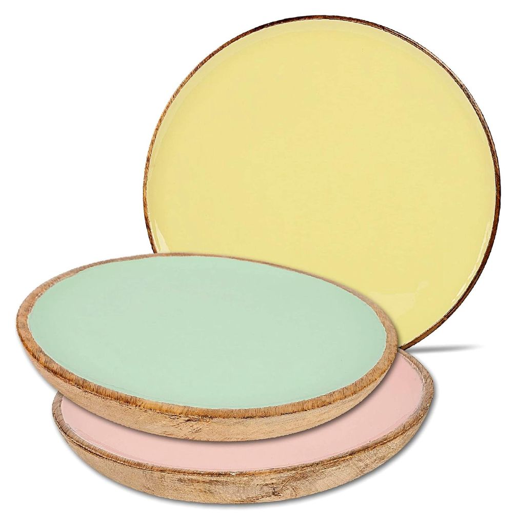 3 Stück große - XXL - Kunststoff und Holz - Teller/Speiseteller/Platzteller/Servierteller - Ø 38 cm - bunt - BPA-frei - rund flach - Frühstück...