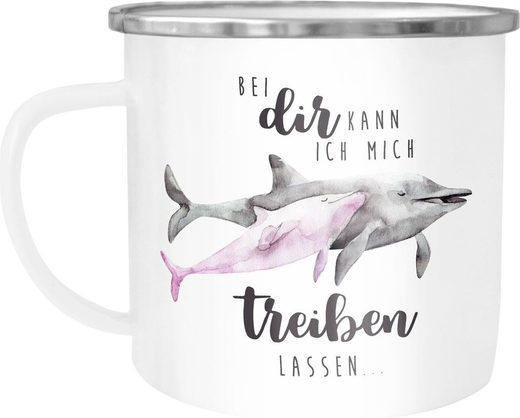 Emaille Tasse Becher Bei dir kann ich mich treiben lassen Delfin Delphin Liebe Spruch Liebesspruch Geschenk Weihnachten Valentinstag Moonworks we...