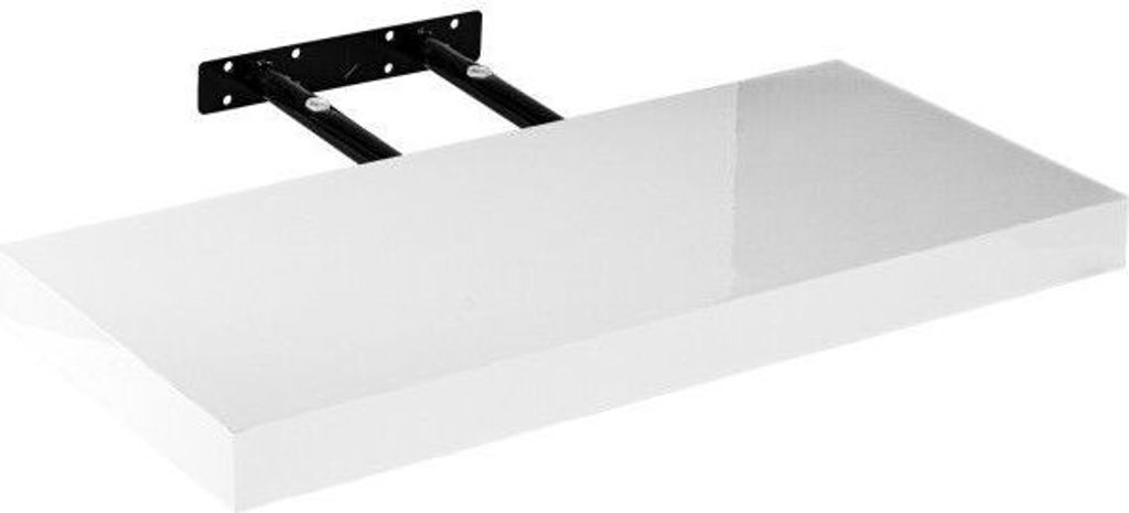 A white floating shelf with black brackets mounted on a white background.