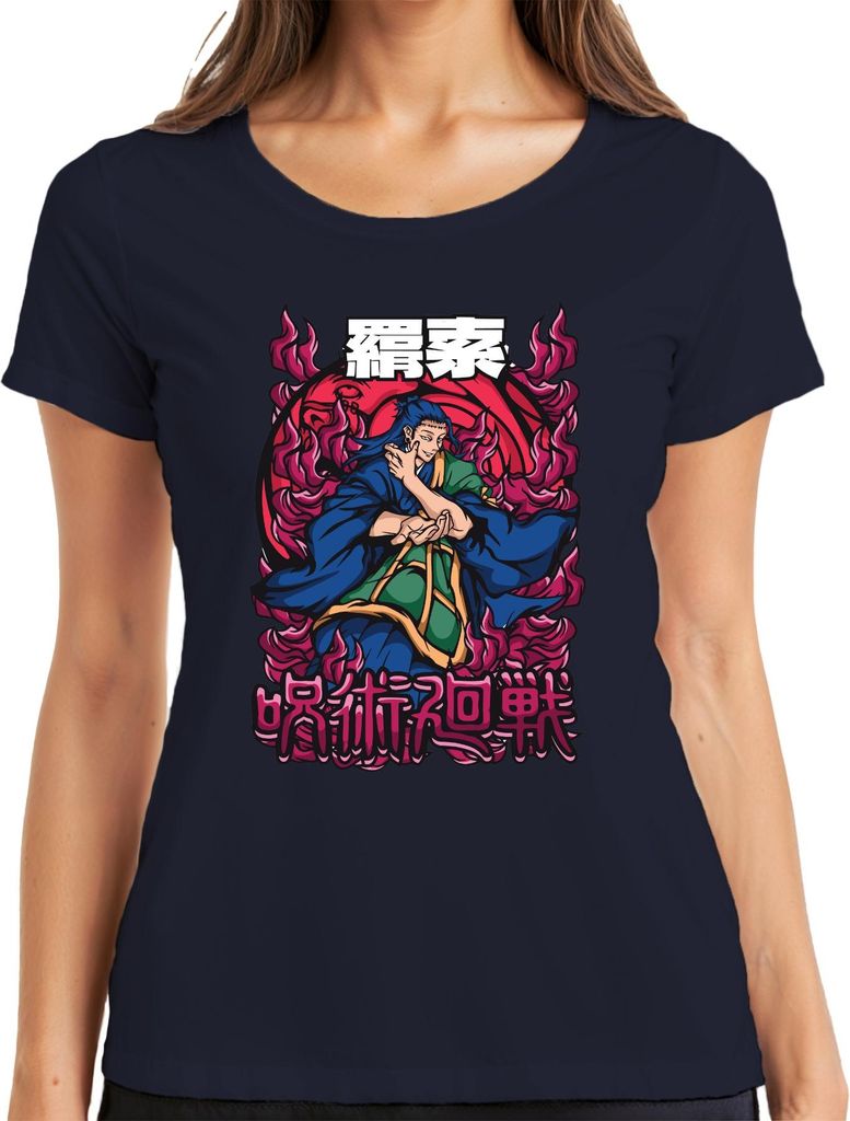 呪術廻戦 Anime Flammen Magier Japanisch Manga Anime Ästhetik Geschenk Damen T-Shirt, Navy, XL