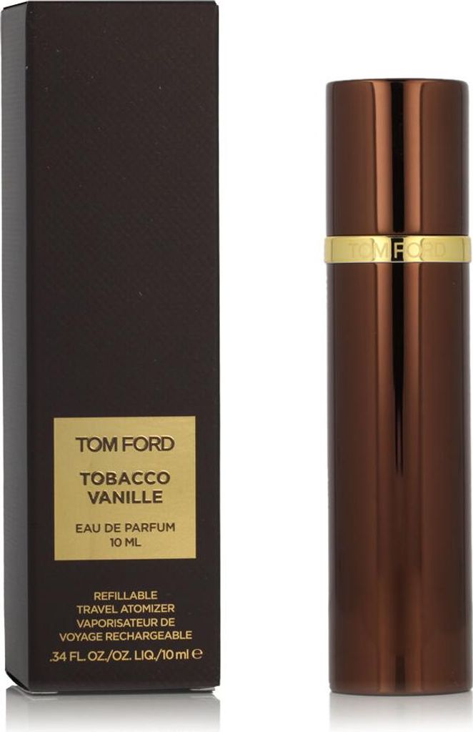 A product shot of a Tom Ford Tobacco Vanille Eau de Parfum travel atomizer and its packaging.