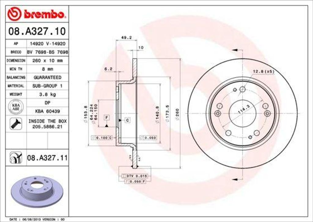 BREMBO 08.A327.11 Bremsscheibe OE 42510SEAE00 kompatibel mit Accord