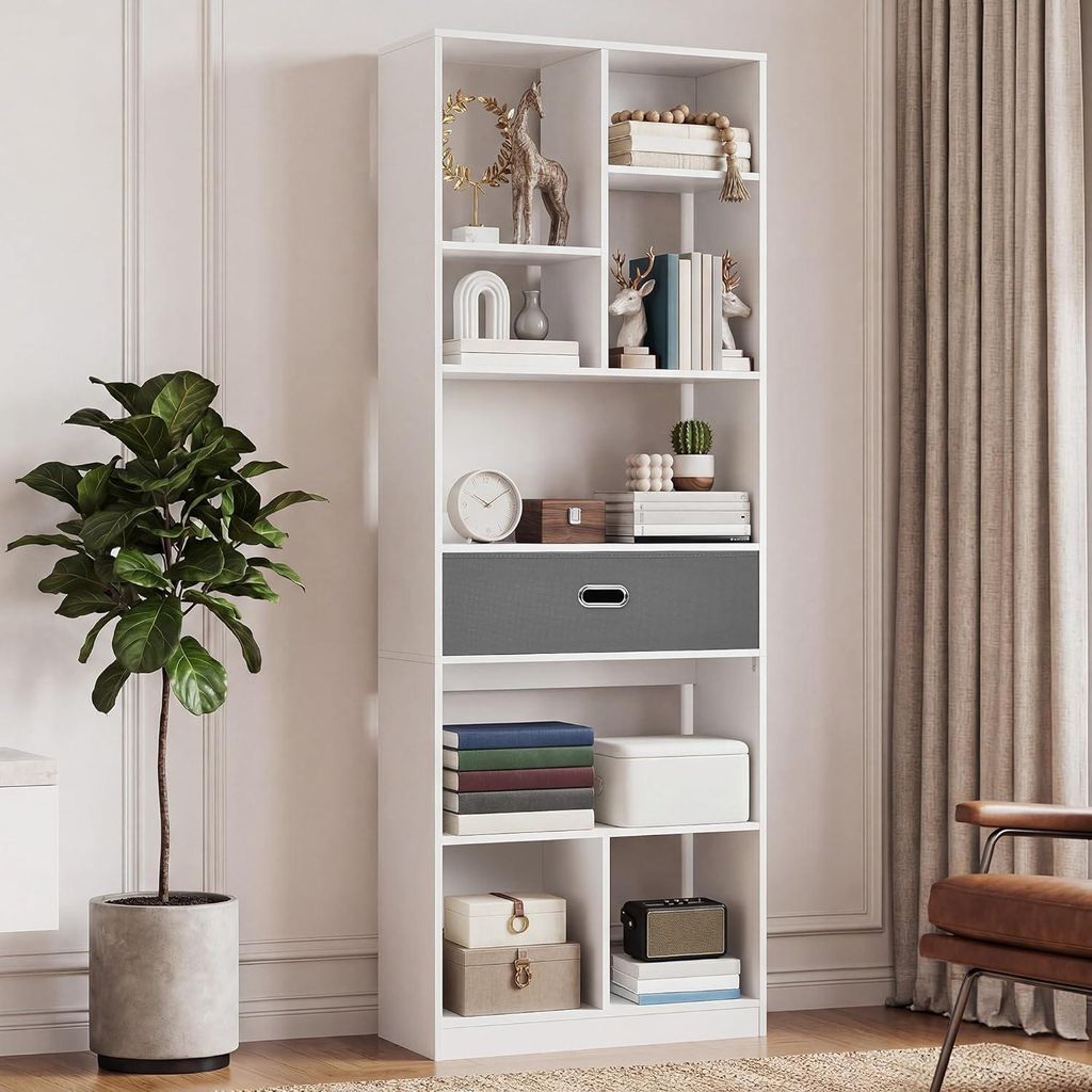 Bücherregal, Standregal mit 7 Fächern und 1 Stoffschublade, Produktbild 