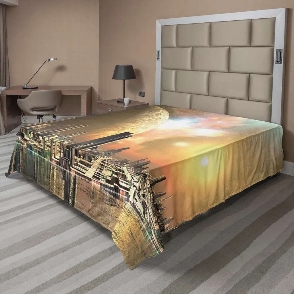 ABAKUHAUS Vista della città Lenzuolo, Utopia Islands Città galleggianti Imaginary Fantasy Artwork Futuristico, morbido e confortevole lenzuolo superiore per un letto decorativo 1 pezzo 275 cm x 260 cm, giallo pesca