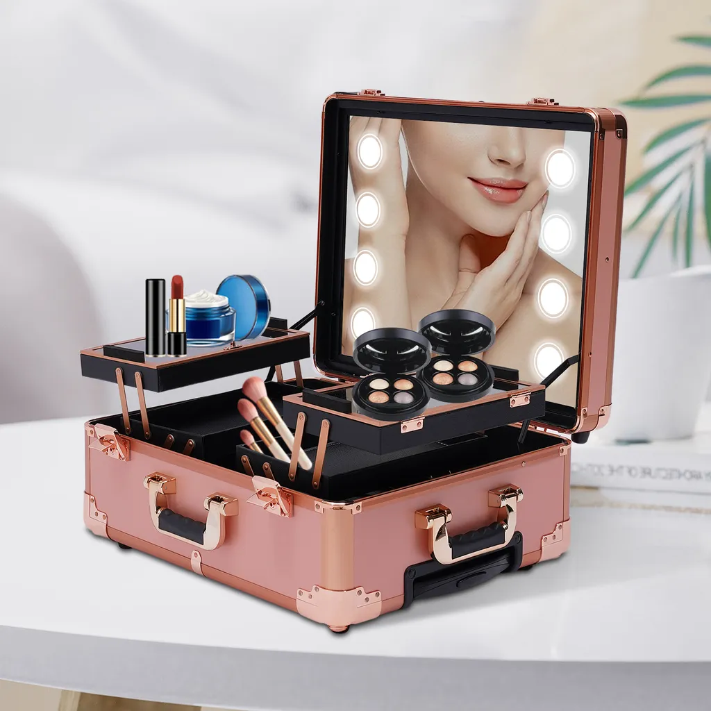 Mallette Coiffeuse de Maquillage à Roulettes avec Éclairage et Tablettes - 3