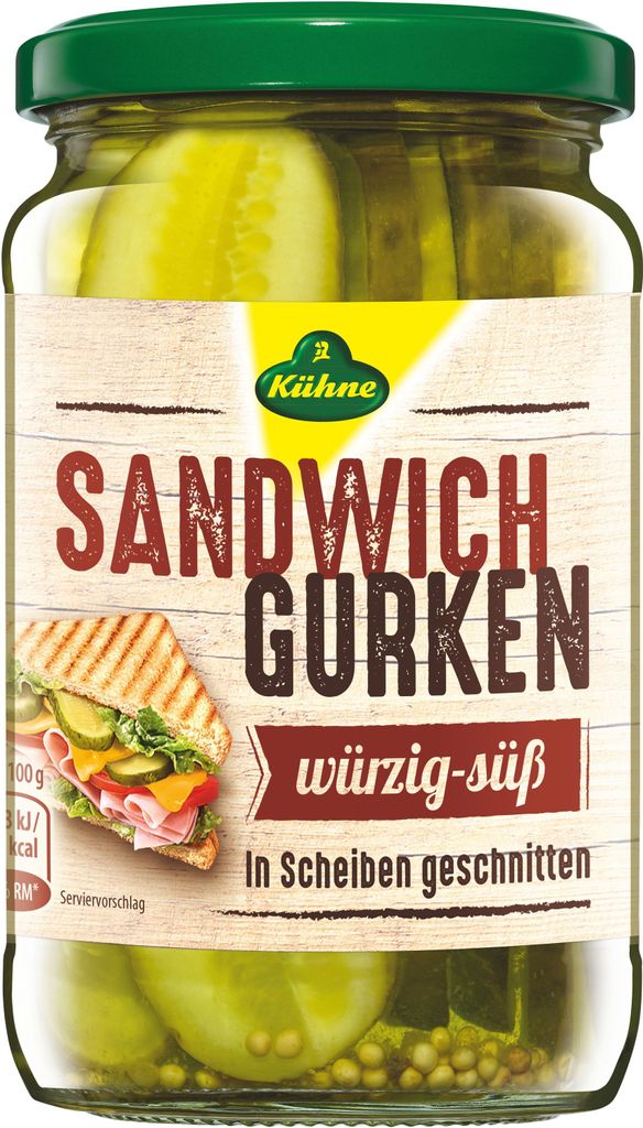 A jar of Kühne Sandwichgurken (sandwich pickles) with a label showing a sandwich.