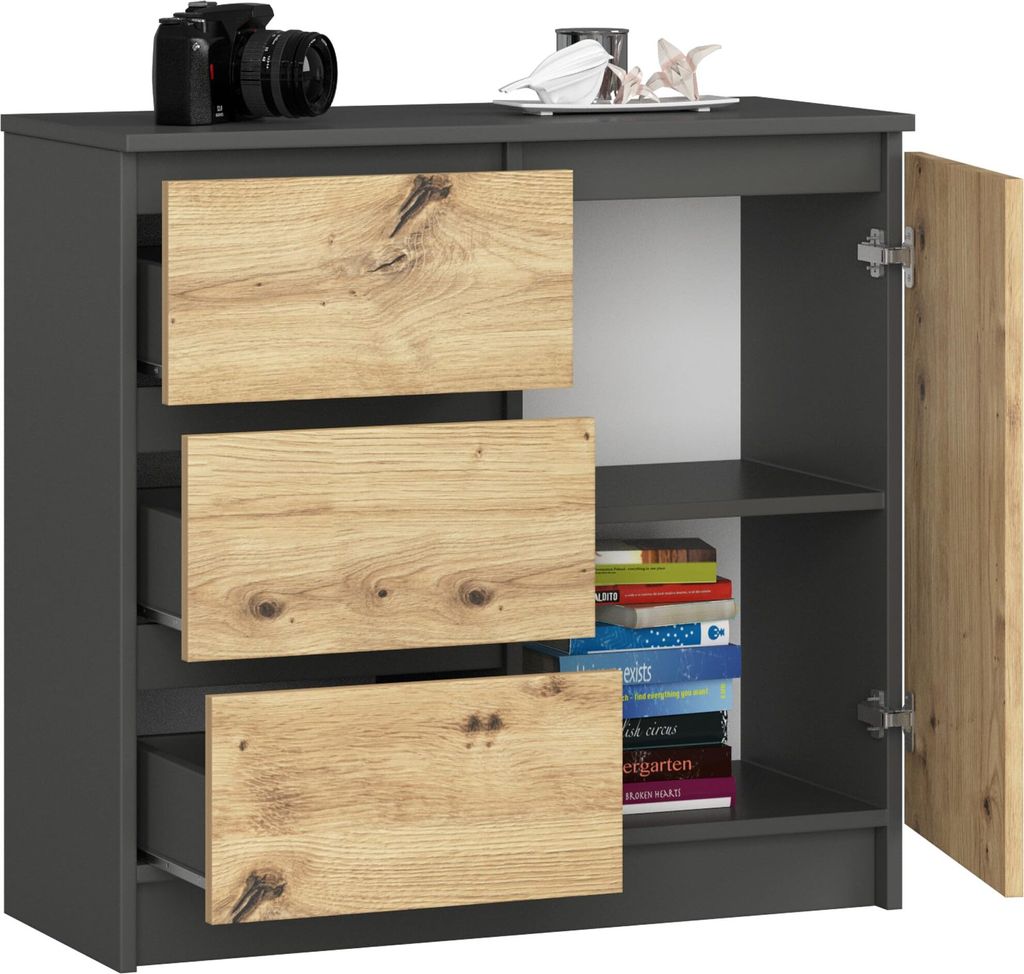 BDW, Kommode, 3 Schubladen, 1 Tür, Schrank, Sideboard, Grau / Eiche Artisan