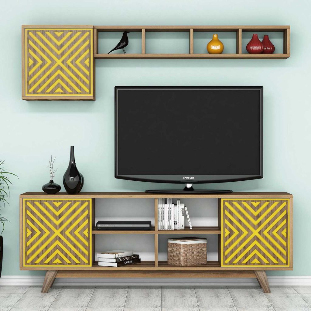 Skye Decor, Inci - Walnut, Yellow, TV-Einheit, Nussbaum, 100 % MELAMINBESCHICHTETE SPANPLATTEN, 160 x 35 x 56,2 cm