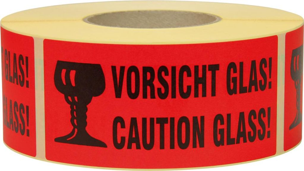 Hinweisetikett Vorsicht Glas Länge 145 mm, Breite 70 mm rot