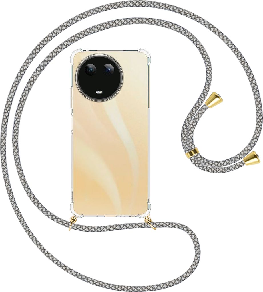 Handykette Backcover-Schutzhülle mit Band (Metall goldfarben) für Realme C67 4G - weiß/grau kariert