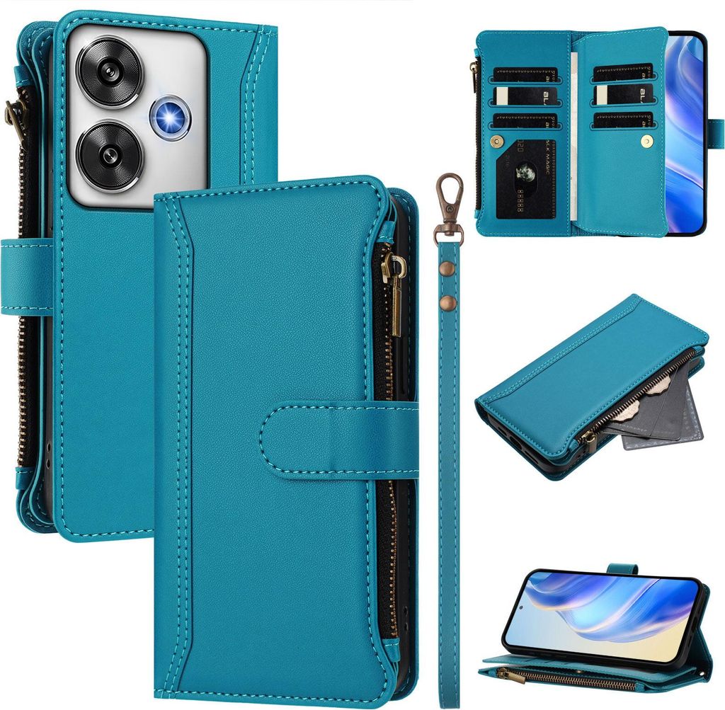 Handyhülle für Xiaomi Redmi Turbo 3/Poco F6 Reißverschluss Geldbörse Kunstleder Klapphülle mit Kartensteckplatz, Ständer, Handschlaufe Blau