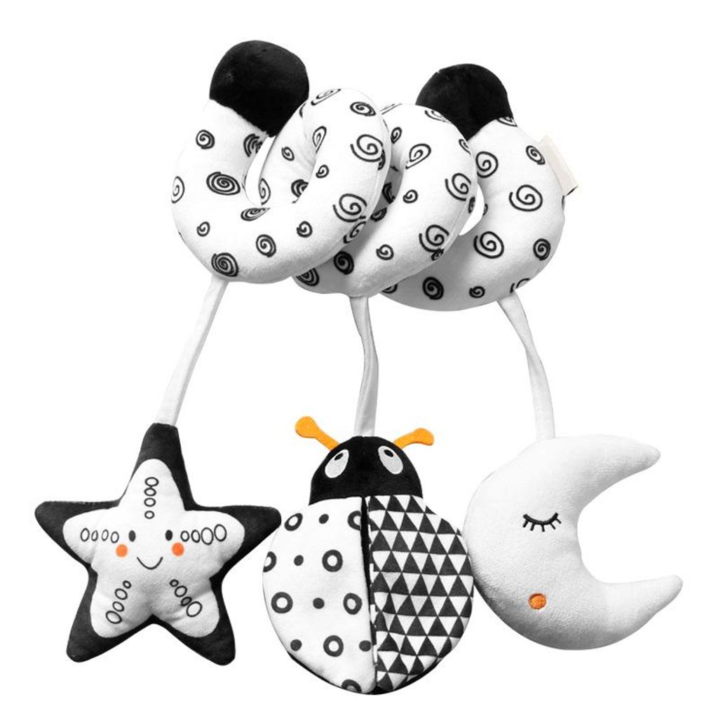 Baby Bettspirale Spielzeug schwarz weiß Stern Käfer Mond mit Quietsche, Rassel und Musikbox für Kinderwagen und Bett, Biene