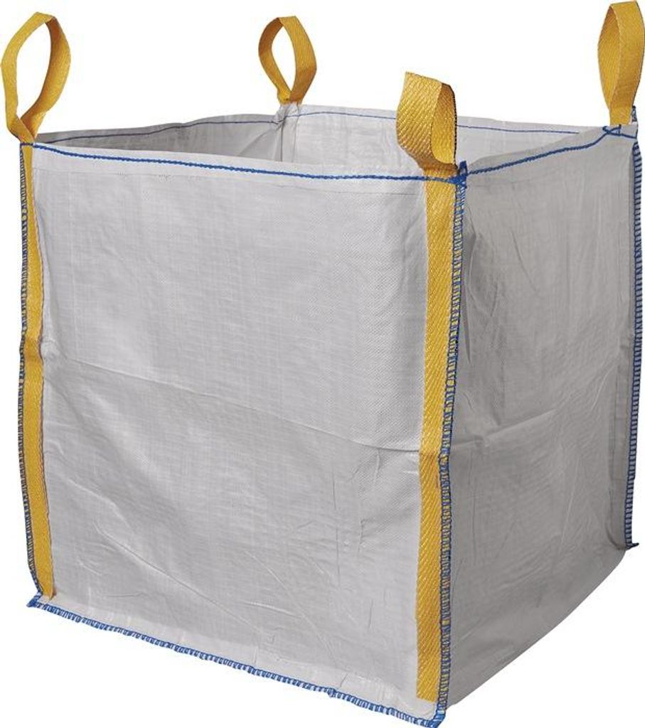 A white fabric bag with yellow straps and blue stitching, shown from the front.