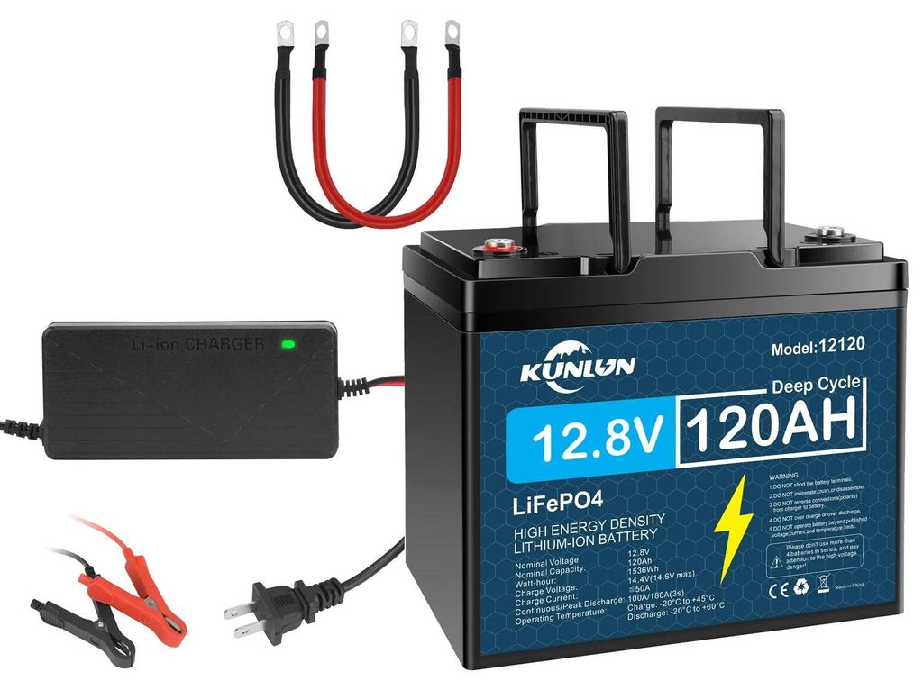 LiFePO4 Batterie - 12,8V 120Ah Tiefzyklus - 100A BMS - 1536 Wh - IP65 - M8-Anschluss - Ladegerät inklusive - Violett