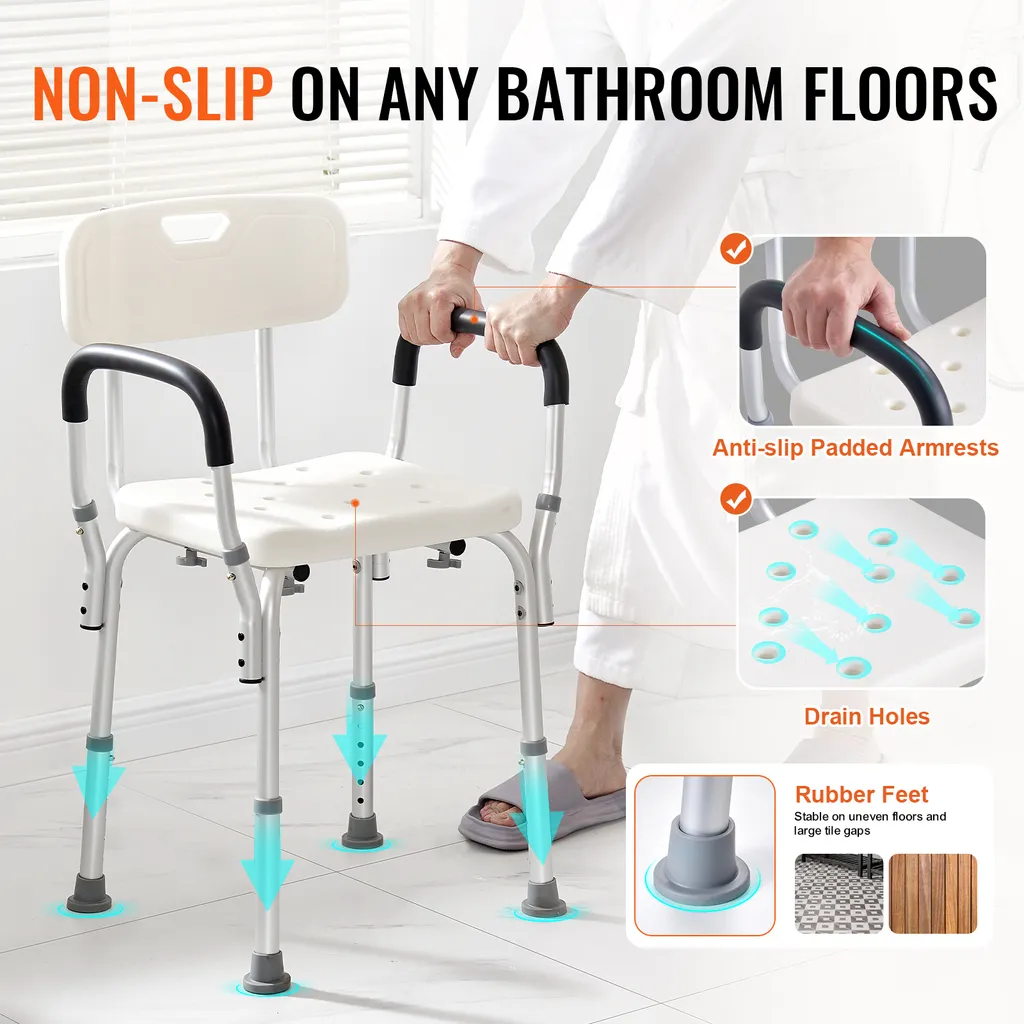 VEVOR sgabello da doccia sedia da doccia 390-520 mm regolabile in altezza, sgabello da bagno sedile da bagno 158,8 kg capacità di carico, stabile sgabello da doccia ausilio da bagno maniglione in lega di alluminio, sedile da doccia bianco - 3