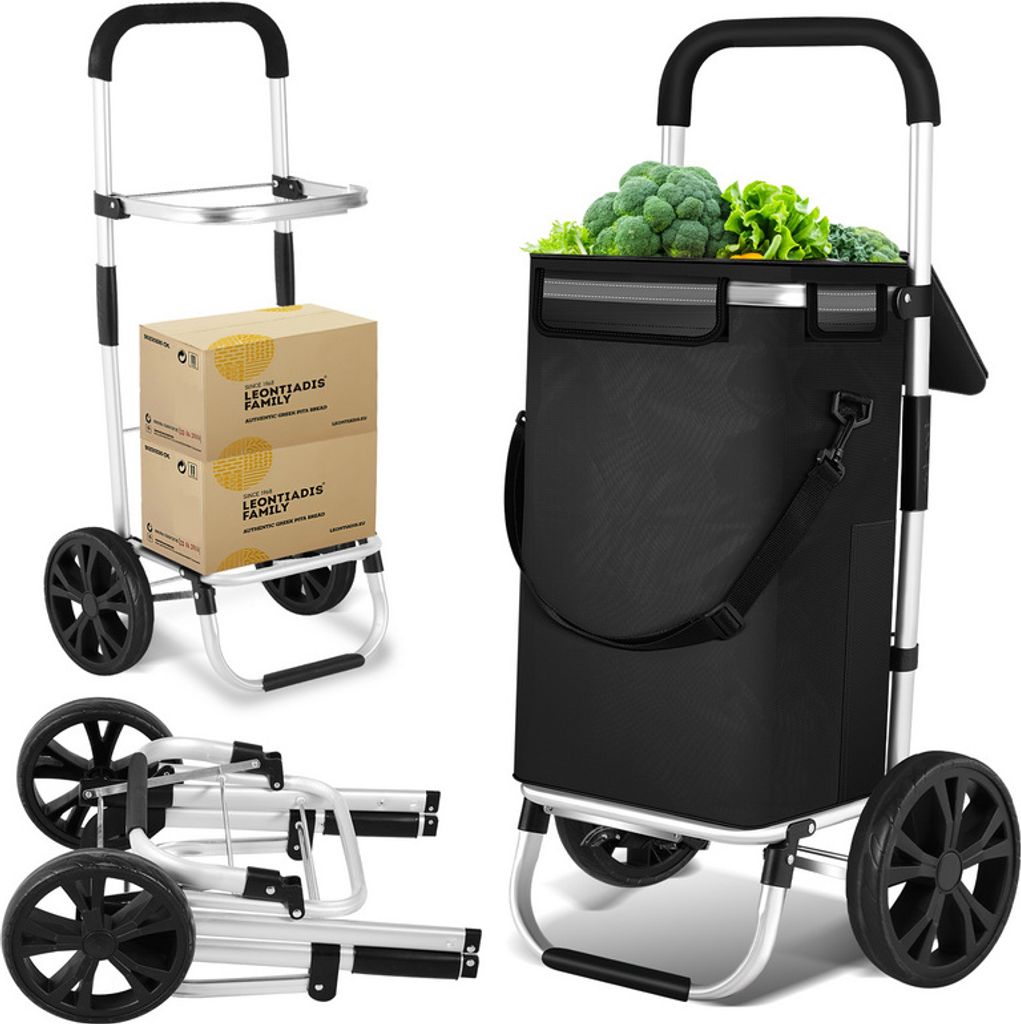 Hengda 3in1 Einkaufstrolley Trolley 40 Liter bis 40 kg klappbar abnehmbare Tasche Aluminium Stabil Schwarz 2 Rollen