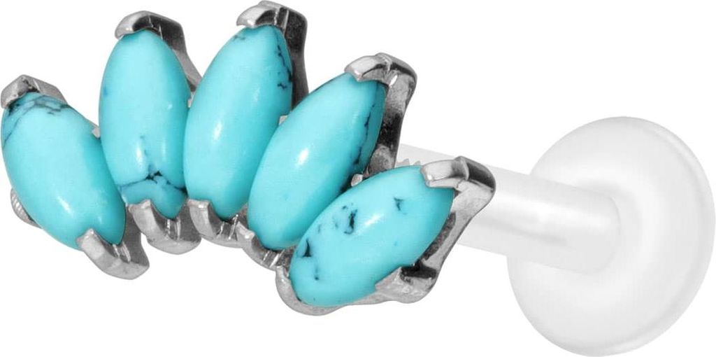 Ohrpiercing, Nasenpiercing PTFE Labret mit Innengewinde + Titan-Aufsatz BOGEN + SYNTHETISCHE TÜRKISE Silber Stablänge: 10mm | Stabstärke: 1,6mm