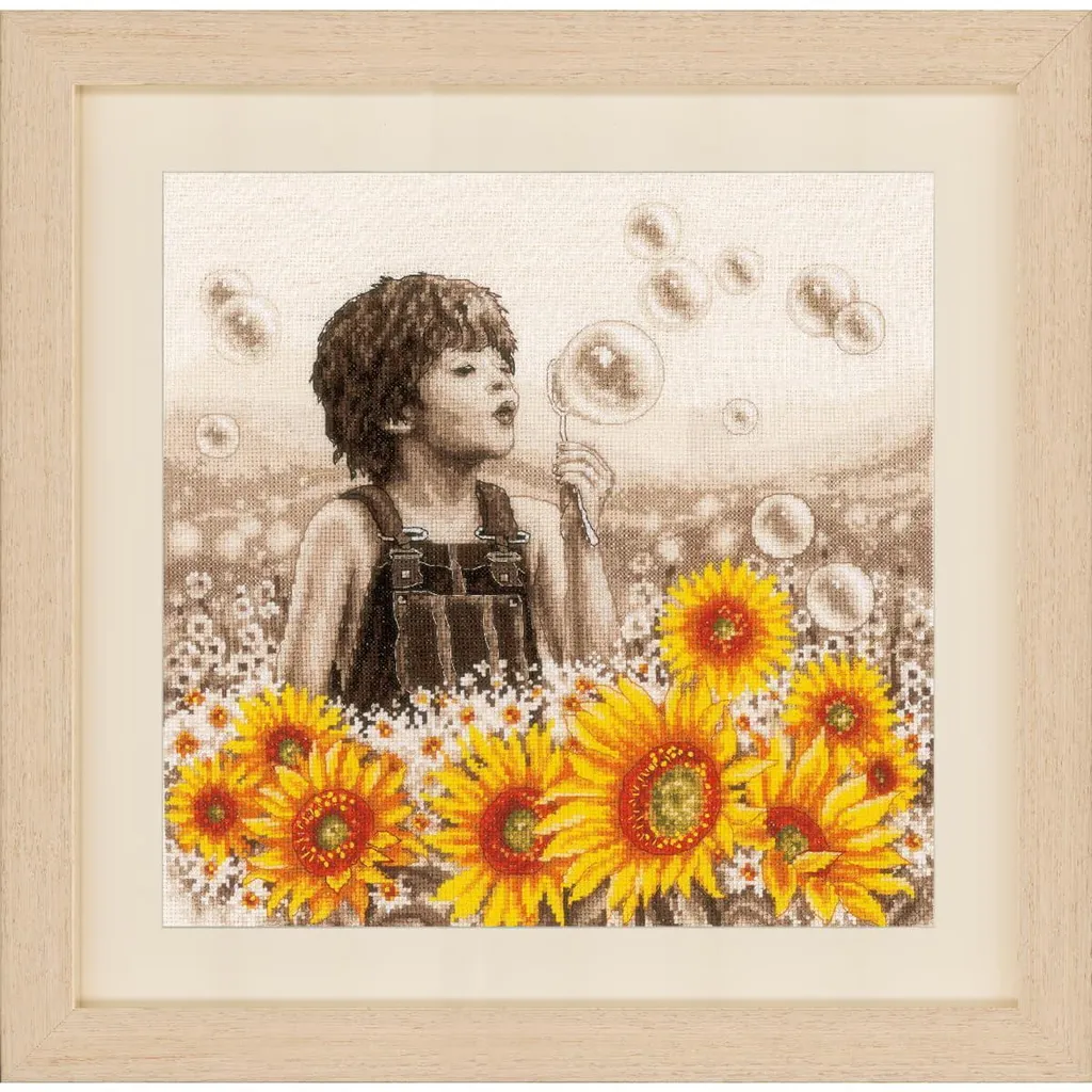 Broderie Point de Croix Compté Motif Enfant et Fleurs 33x33 cm
