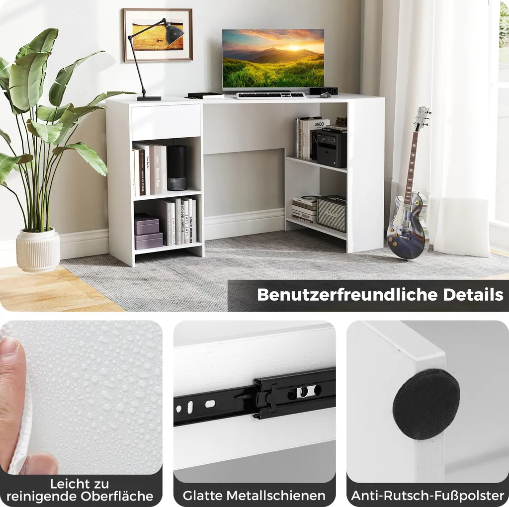 Bureau d'Angle Informatique Moderne avec Rangement Intégré, Blanc - 6