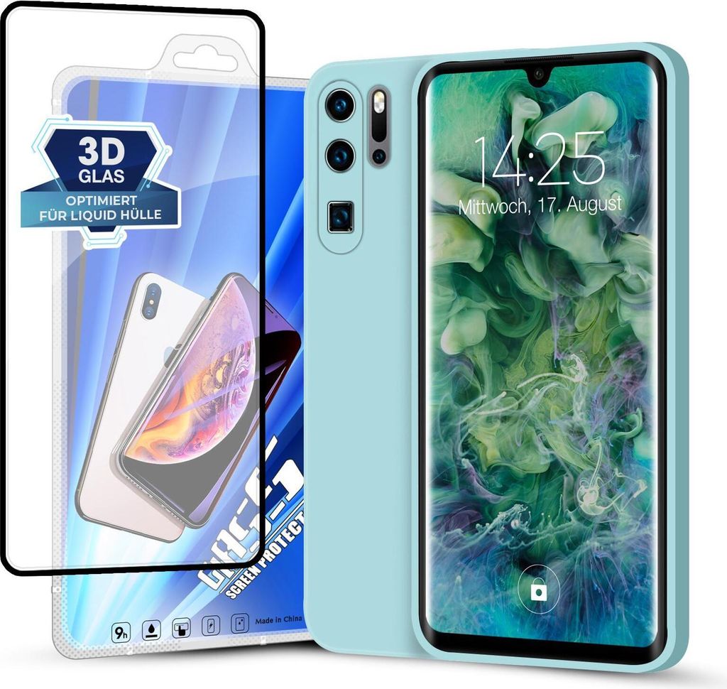 A light blue phone case and a screen protector are displayed against a white background.