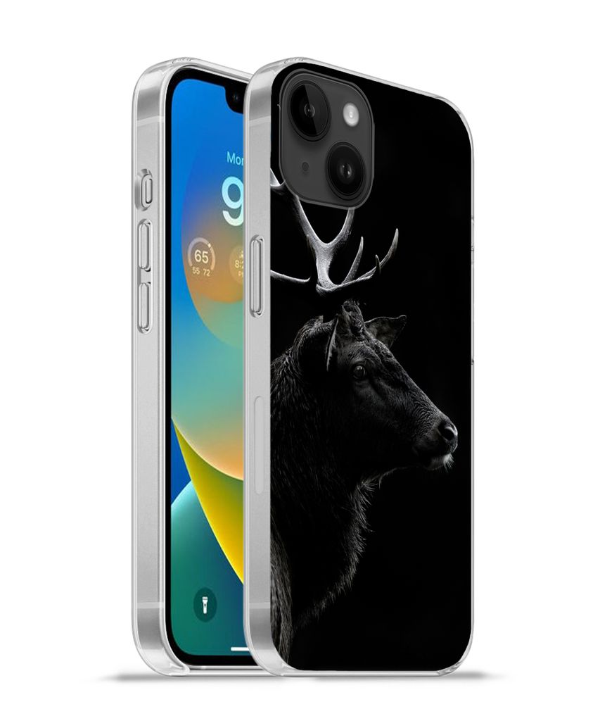 MuchoWow Handyhülle Schutzhülle Hülle für Apple iPhone 14 Plus - Soft case Hirsch - Schwarz - Porträt - Geweih - Tiere Silikon Softcase Hand...