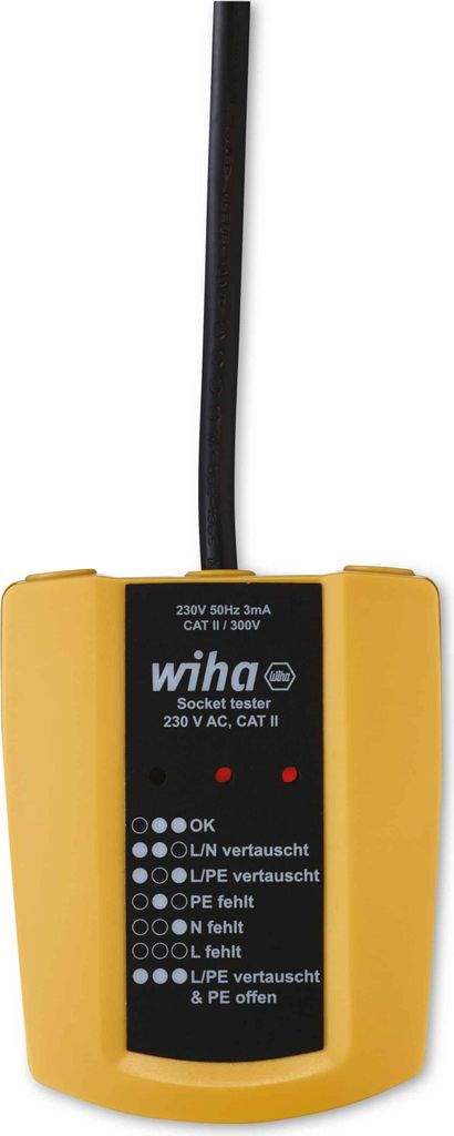 Wiha Steckdosentester 230 V AC, CAT II inkl. 2x AAA-Batterien, mit flexiblem Kabel, LED-Anzeige