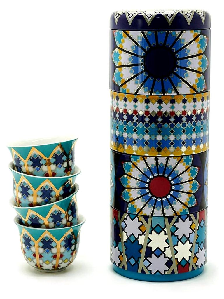 Geschenkset 2 in 1 Metalldosen mit 4 Espressotassen in mediterranem, orientalischem Design