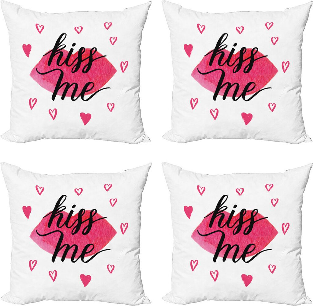 ABAKUHAUS Küss mich Kissenbezug Set (4 Stück), Schmutz-Herz-Lippenstift, Moderner Doppelseitiger Digitaldruck, 60 cm x 60 cm, Rosa, Weiß, Schwarz