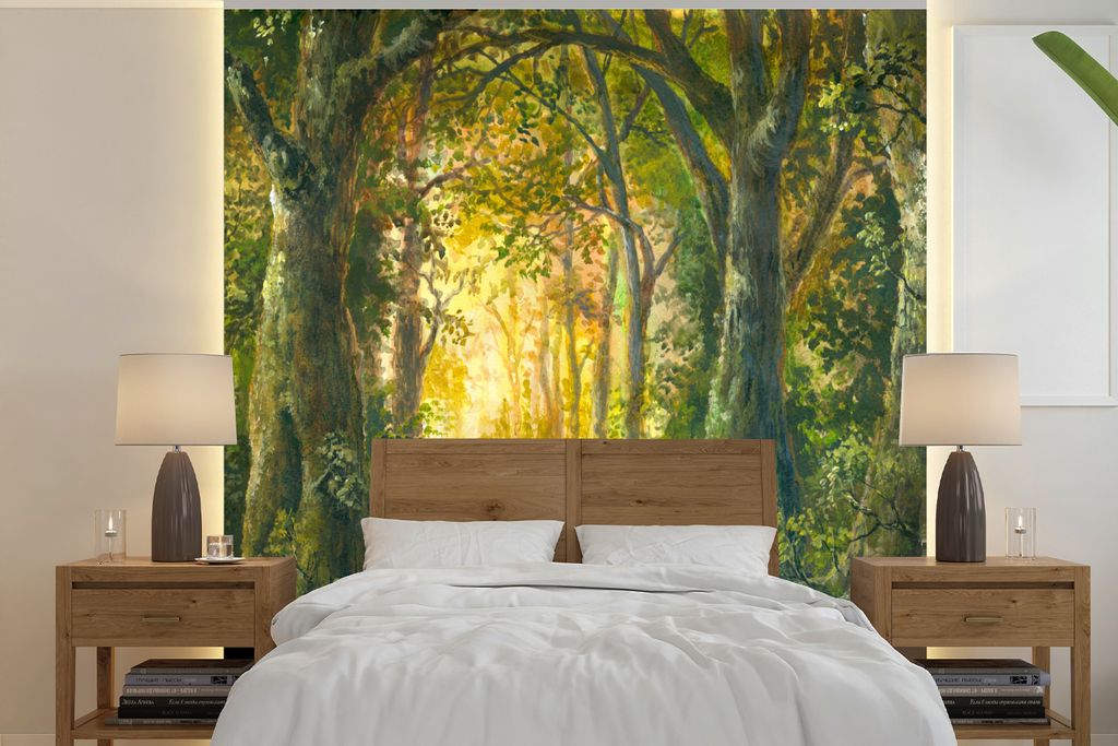 MuchoWow Fototapete für Wohnzimmer oder Schlafzimmer Wandtapete Vinyl Motivtapete Wald - Aquarell - Kröte - 350x350 cm - Schlafzimmertapete