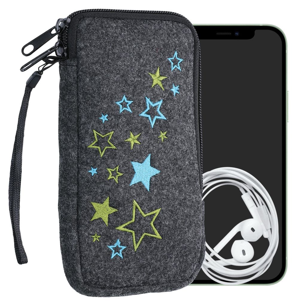 kwmobile Handytasche für Smartphones XL - 6,7/6,8" - Handy Filztasche - Sternenmix Hellgrün Blau Dunkelgrau - Innenmaße