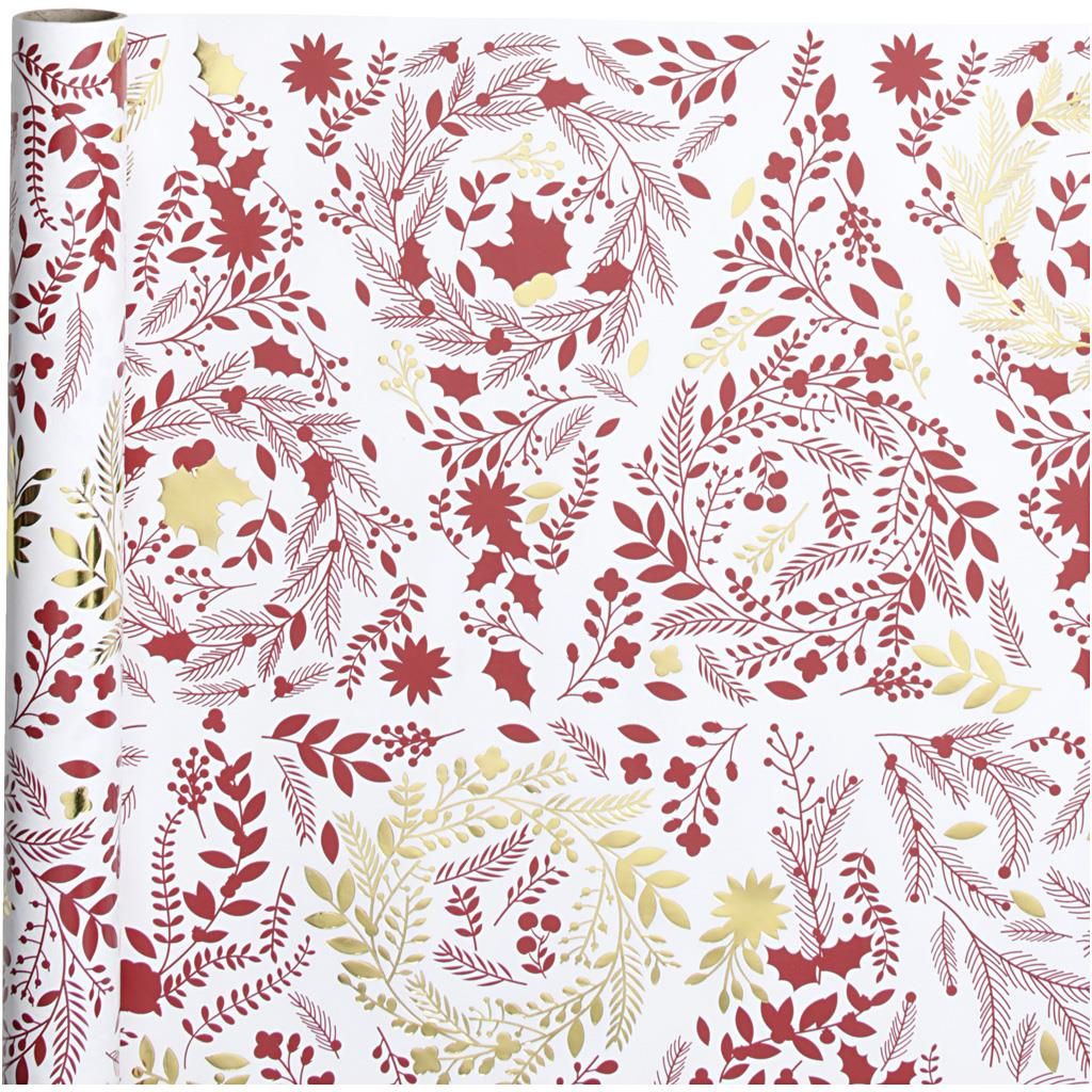 Creativ Company Geschenkpapier, Weihnachtsbäume, B: 50 cm, 80 gr, Gold, Rot, Weiß, 3 m 1 Rolle